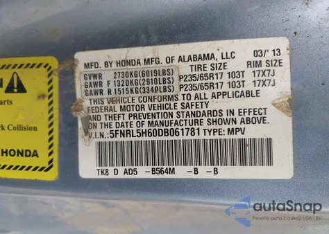 2013 Honda Odyssey Ex-L from USA, damaged, VIN 5FNRL5H60DB061781